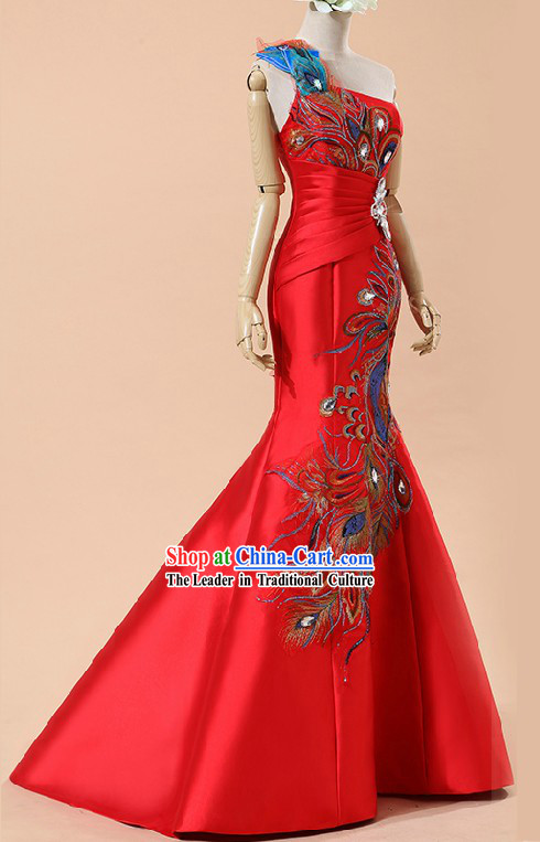 One Shoulder Modern Peacock Wedding Dress for Brides