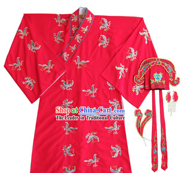 Red Chinese Peking Opera Embroidered Butterfly Costumes and Hat for Men