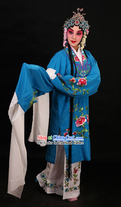 Blue Peking Opera Hua Dan Long Sleeve Robe and Skirt for Women