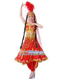 Traditional Chinese Xinjiang Minority Dance Costumes and Hat for Women