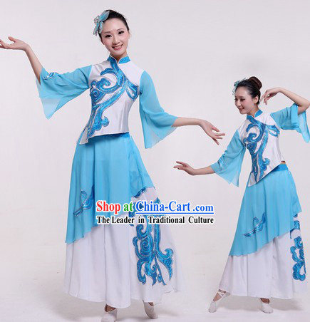 Chinese Classical Blue Dance Costumes and Headpieces