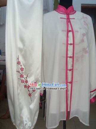 Traditional Chinese White Plum Blossom Silk Tai Chi Uniform and Cape Complete Set