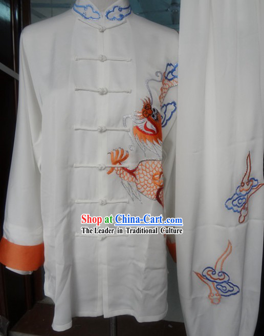 Traditional Chinese White Tai Chi Martial Arts Dragon Embroidery Clothing