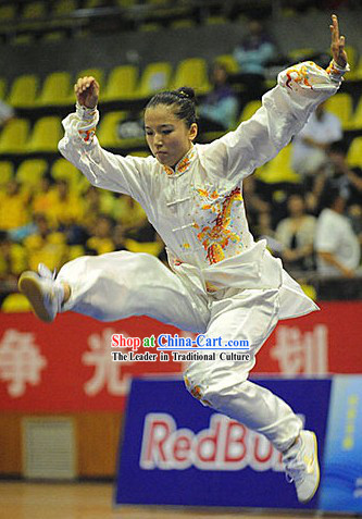 White Martial Arts Embroidered Dragon Competition and Practice Suit for Adult Women