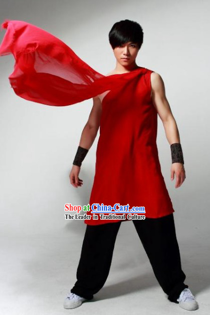 Red Sleeveless Wushu Robe and Black Pants for Men for Stage Performance