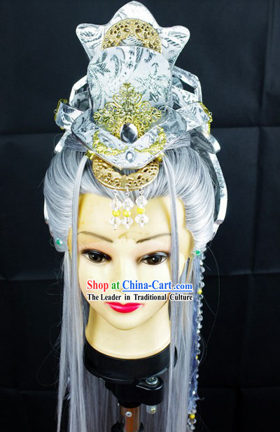 Ancient Chinese White Wig and Accessories for Men