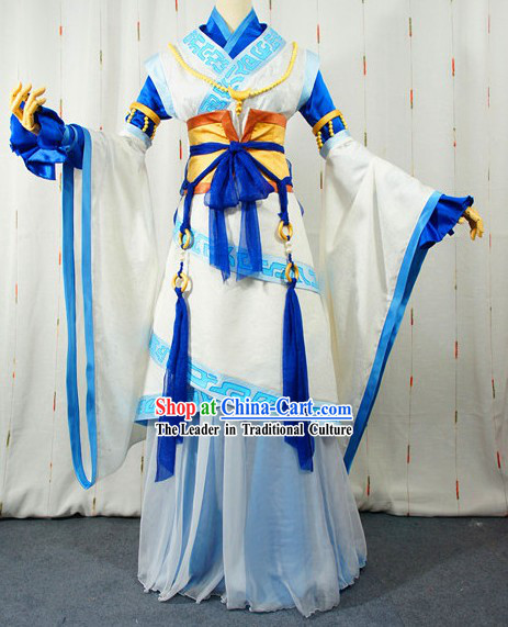 Ancient Chinese Blue and White Long Kui Fairy Cosplay Costumes Complete Set