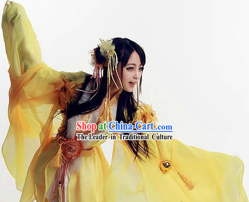 Yellow Ancient Chinese Fairy Costumes and Hair Accessories