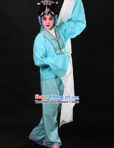 Traditional Chinese Blue Beijing Opera Hua Dan Long Sleeves Practice Robe and Pants