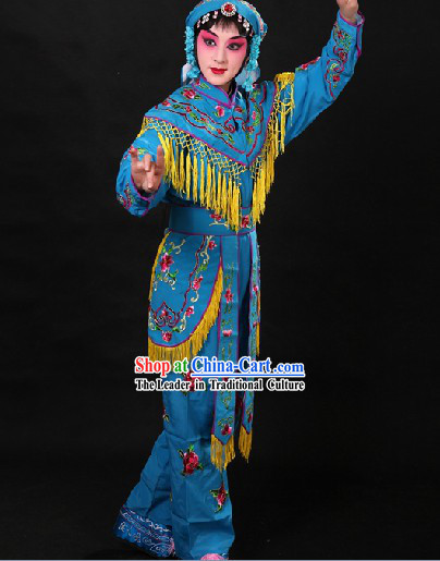 Blue Chinese Opera Female Warriors Heroines Costumes on the Stage