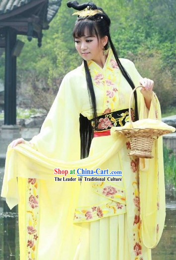 Yellow Ancient Chinese Xi Shi Beauty Costumes and Basket Complete Set