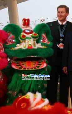 Traditional Hok San Type Green Long Wool Lion Dance Costumes Full Set