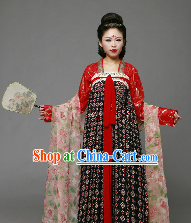 Traditional Chinese Tang Dynasty Clothing and Fan Complete Set