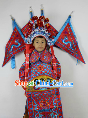 Traditional Chinese Beijing Opera General Costumes and Helmet Complete Set for Kids