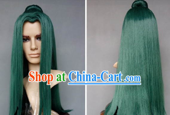 Ancient Swordsman Cosplay Deep Green Long Wig for Men