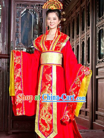 Ancient Chinese Tang Red Phoenix Wedding Robe with Long Tail