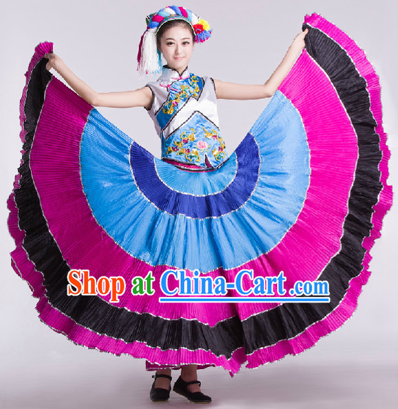 Chinese Traditional Yi Lady Dance Skirt and Headwear Complete Set