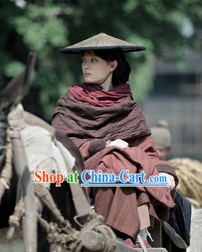 Brown Cinematic Style Swordswoman Costumes and Bamboo Hat Complete Set