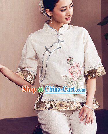 Traditional Chinese Hands Painted Mandarin Shirt for Women