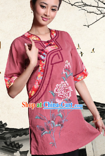 Hands Painted Peony Mandarin Traditional Long Shirt for Women