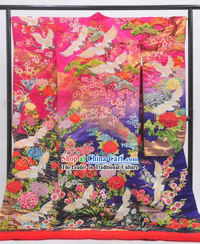 Japanese Classical Traditional Kimono Pink Crane Set for Women