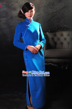 Traditional Chinese Blue Super Long Cheongsam