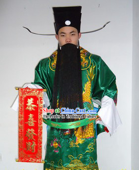 Traditional Chinese Stage Performance Cai Shen Ye Green Costumes and Hat Complete Set