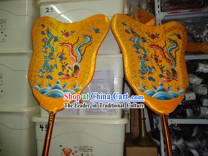 Traditional Chinese Festival Celebration Parade Embroidered Dragon Phoenix Fans Pair