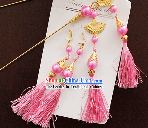 Ancient Chinese Pink Hanfu Style Hairpins and Earrings