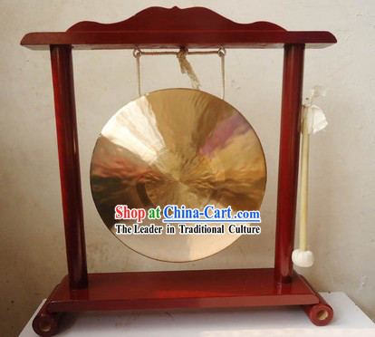 Traditional Chinese Gold Brass Gong and Stand Set