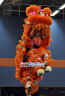 LED Eyes Orange and Silver Competition and Display Lion Dance Head and Costume Complete Set