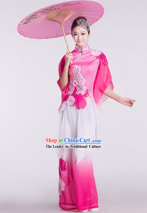 Pink Chinese Umbrella Dance Costumes and Hair Accessories for Women