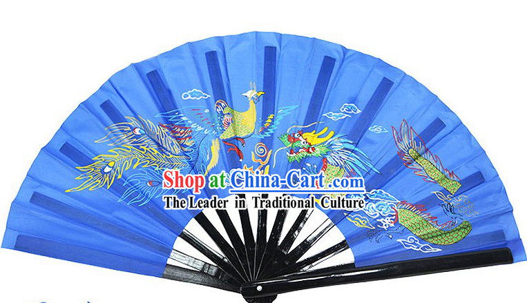 Blue Traditional Wushu Double Fans for Right and Left Hands