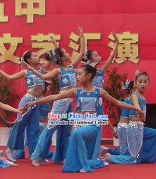 Traditional Chinese Blue Dance Costumes Complete Set