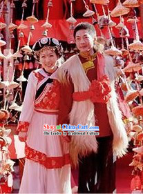 Chinese Naxi Ethnic Minority Wedding Outfit and Hat for Brides and Bridegroom