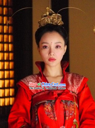 Tang Dynasty Princess Brides Wedding Clothing and Headdress Complete Set