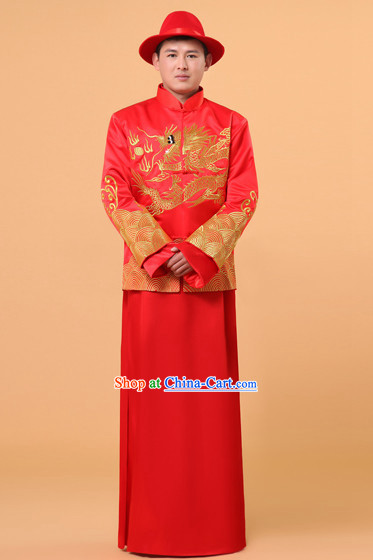 Traditional Chinese Wedding Ceremony Banquet Dress and Hat for Bridegroom