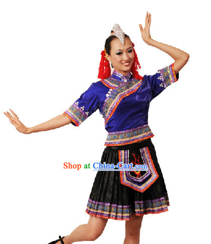 Chinese Yi Nationality Dancing Dress and Headdress for Women