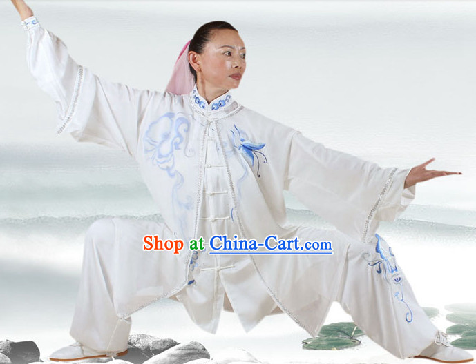 Traditional White Butterfly Embroidery Kung Fu Suit and Cape Complete Set