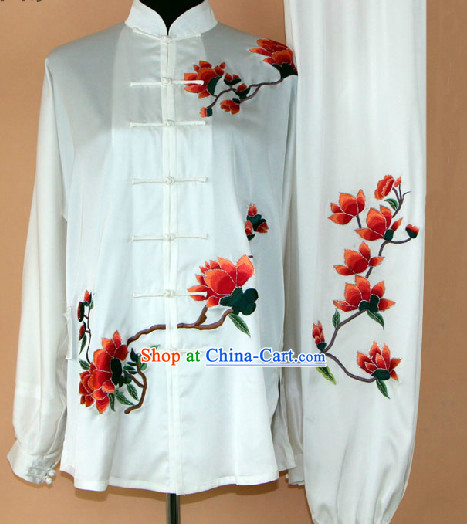 Traditional White Silk Flower Embroidery Martial Arts Competition Suit Complete Set