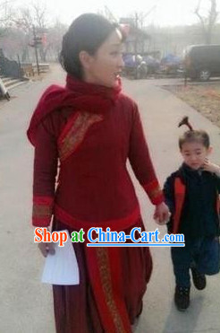 Chinese Red Sorghum Folk Dress Suit for Women