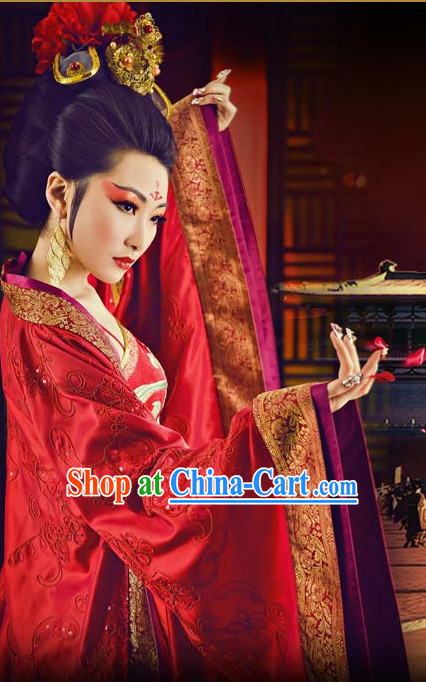 Traditional Chinese Empress Red Dance Costumes and Headpieces Complete Set