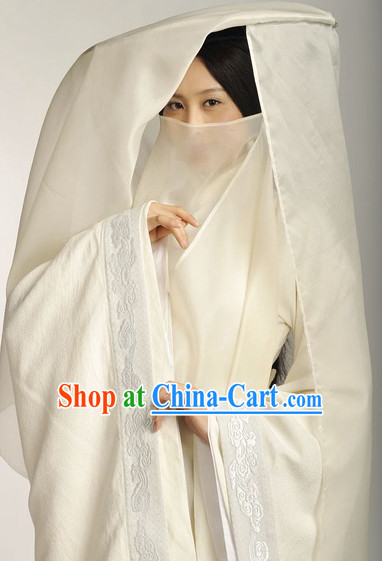 Chinese White Mysterious Hanfu Costumes and Hat Complete Set