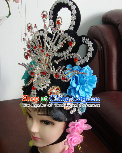 China Opera Hua Tan Phoenix Hairstyles Long Black Wigs Fascinators Fascinator Wholesale Jewelry Hair Pieces