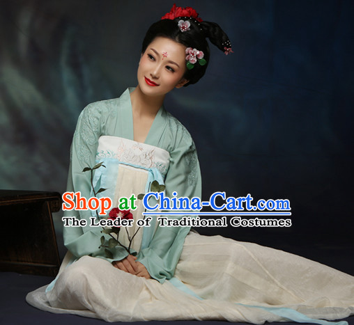 Ancient Chinese Tang Dynasty Hanfu Costumes Clothes and Hair Jewelry Complete Set for Women