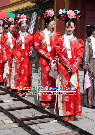 Qing Dynasty Imperial Lady Red Garment and Hair Jewelry Complete Set