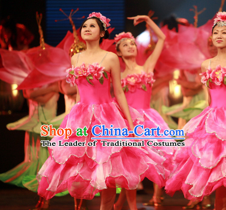 Chinese Classic Folk Flower Dance Costumes and Headwear Complete Set for Women