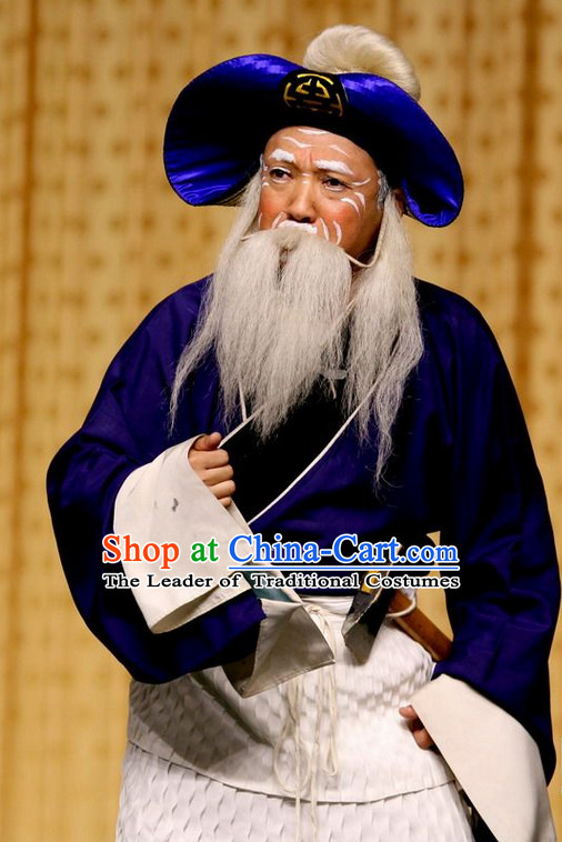 Blue Ancient Chinese Asian Peking Opera Costumes Old Man Costume and Hat Complete Set for Men