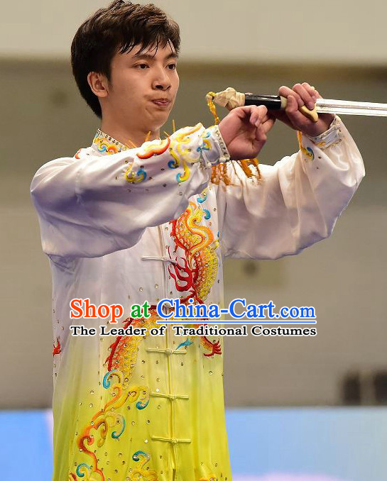 Top Tai Chi Sword Competition Outfit Wushu Contest Jacket Pants Supplies Custom Kung Fu Costume Wu Shu Clothing Martial Arts Costumes for Men Women Kids Boys Girls