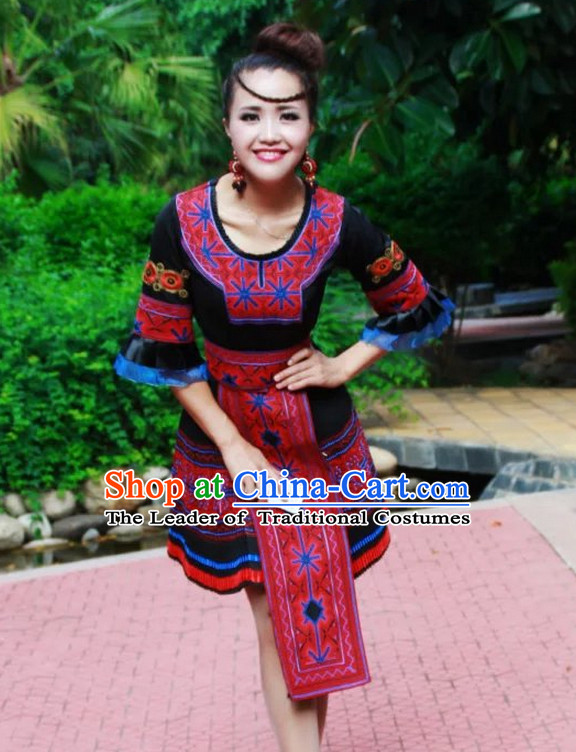 Traditional Chinese Miao Tribe Clothing Suits Garment Outfits and Hat Complete Set for Women or Girls